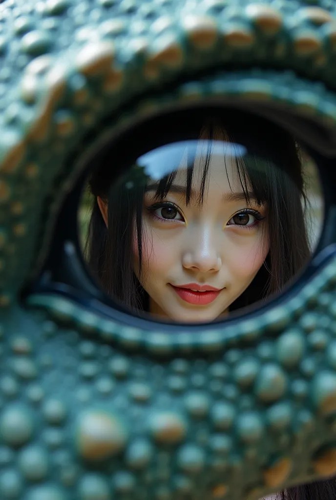 A photo of a giant dragon's eye. In his eyes, he sees a beautiful long-haired Japanese woman wearing the armor of a medieval knight. The photo shows the portrait of woman reflected in the dragon's eyes. She smiles as if talking to a dragon.midjourney_whisp...