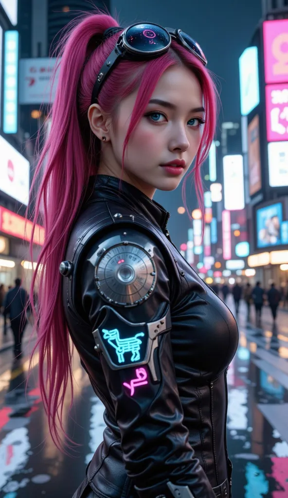 A breathtakingly beautiful cyberpunk woman, half-body portrait, long pink hair with neon highlights, deep blue cybernetic eyes with holographic interface reflections, wearing a sleek black leather jacket with glowing blue and magenta circuits, advanced cyb...