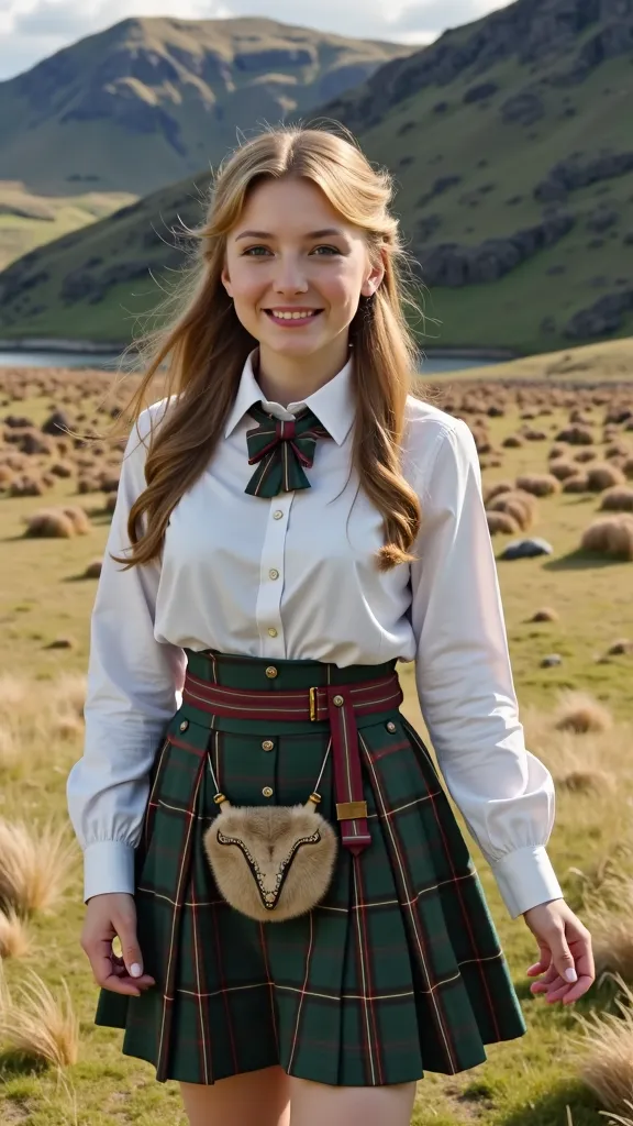 Front view, Scottish woman, 22-age, blonde straight hair, natural  male, little smile , green base tartan check  necktie, White shirt,  Scottish  green base gather  tartan check miniskirt, ancient socks, leather shoes, Scottish field , noon