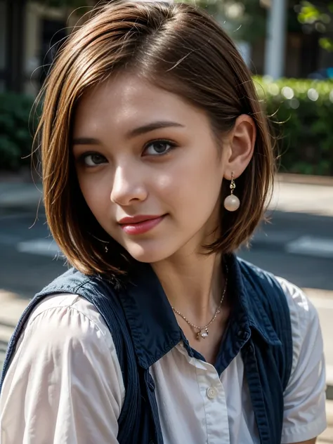 Top quality, ultra high resolution, realistic, Beautiful Woman, Beautiful detail eyes and skin, smile, Light brown short-cut hair. She is wearing (small earring, tiny necklace, school uniform:1.3, collared white shirt, red vest, royal blue frilled skirt), ...