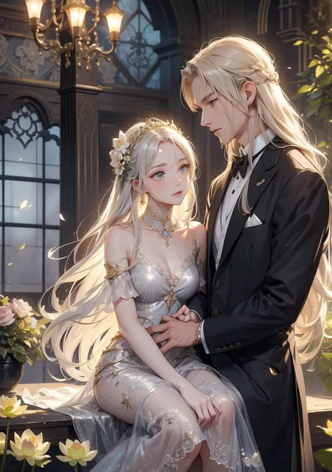 Highest quality。detailed description。Ancient castle greenhouse with blooming flowers。man with long silver hair and green eyes with short blond hair、Golden-eyed woman with long silver hair、((One adult man and one adult woman))。They have grown up 、gives a sh...