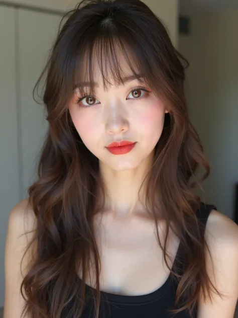 likeい女性、 face up。White skin。long brown hair、 has bangs。light pink cheek、Red lips。brown contact lenses。wearing a plain black tank top。  under slightly bright natural light、is facing the front。face is centered。Capturing the whole picture。  soft natural light...