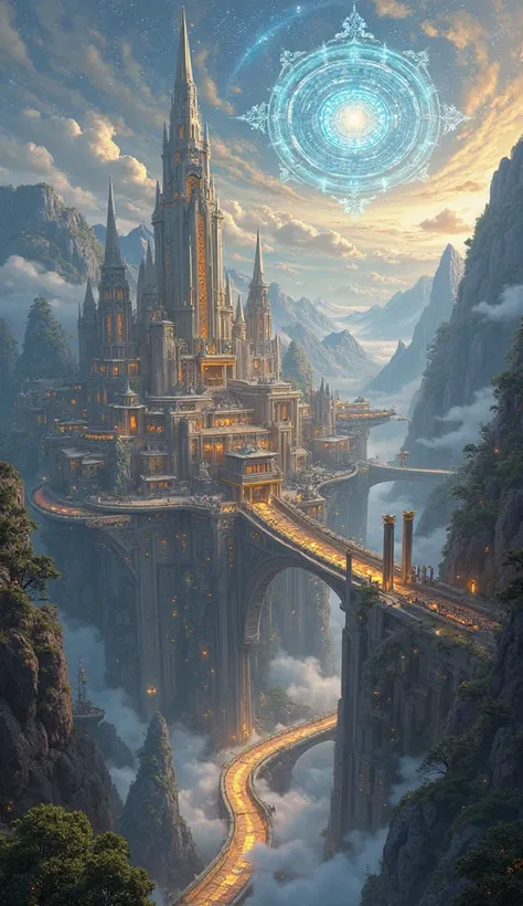 Prompt:
"A breathtaking magical kingdom, firmly built upon the ground and surrounded by towering mountains shrouded in mist. The cityscape features towering spires of ivory and gold, embedded with glowing arcane runes, stretching toward the sky. In the hea...