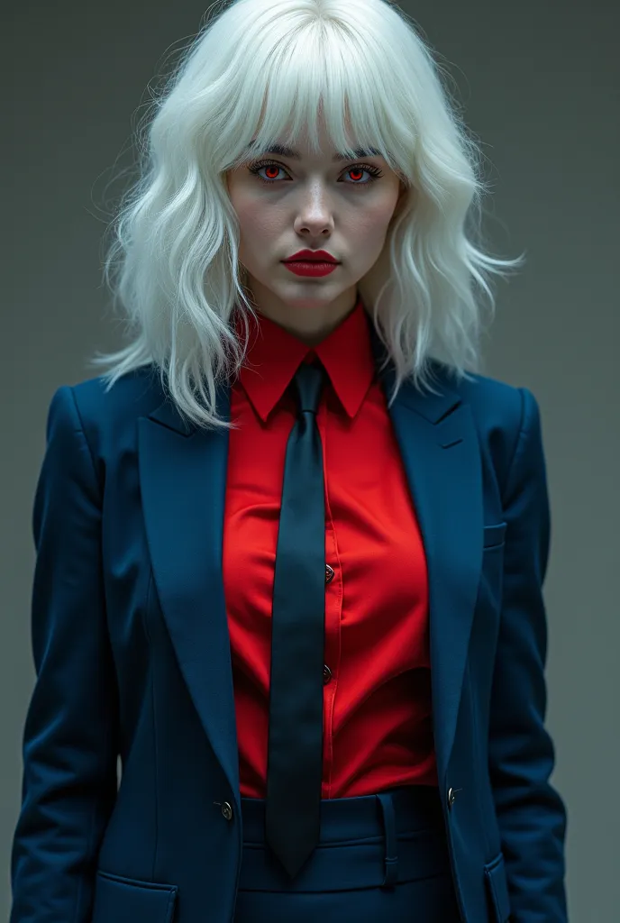 a woman with pale skin, white hair with red eyes, black pupils with a woft cut that reaches her shoulders and dressed in a suit with a tie and blue pants, equally blue down and a red shirt
