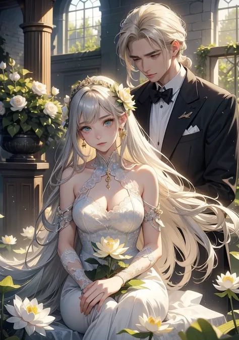 Highest quality。detailed description。Ancient castle greenhouse with blooming flowers。man with long silver hair and green eyes with short blond hair、Golden-eyed woman with long silver hair、((One adult man and one adult woman))。They have grown up 、gives a sh...