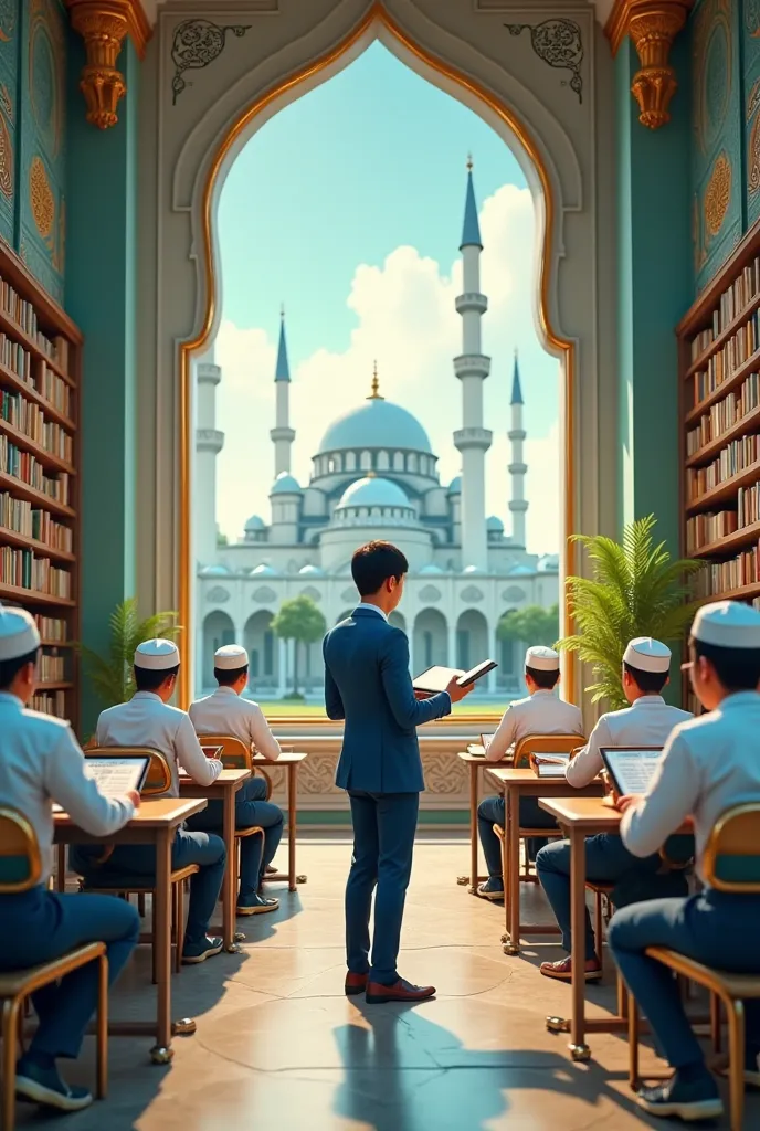 Wide-angle shot of a modern learning environment in a madrasah or Islamic boarding school with distinctive Islamic architecture. At the front, an interactive smart board is prominently displayed. A young Indonesian teacher, dressed in a blue suit, tie, and...