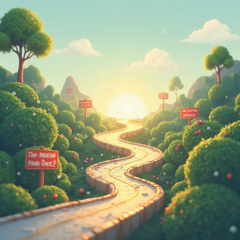 A creative and modern background illustration representing career growth with a playful twist. A winding, spiral-shaped road resembling a 'Jilapi' (a traditional South Asian sweet) symbolizes the twists and turns of a professional journey. Along the path, ...