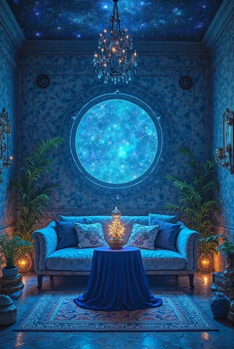 there is a room with a couch and a table with a blue table cloth, displayed on an altar, sacrificial altar, decoration around the room, ✨🕌🌙, mythical cosmic shrine, ❤🔥🍄🌪, peaceful ambience, altar, themed on the stars and moon, an altar of a temple, shrine,...