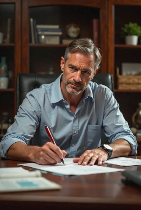 a man in an office writing on paper