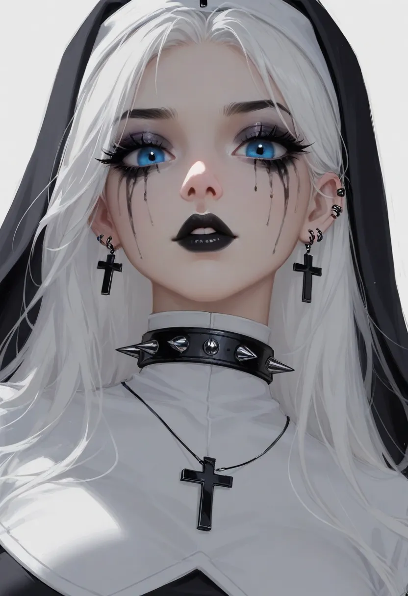 Disney pony, sketch, 
1girl, runny makeup, jewelry, solo, earrings, black lips, spikes, makeup, cross, piercing, eyeshadow, nun, simple background, white hair, ear piercing, blue eyes, spiked collar, collar, parted lips, breasts, white background, goth fas...