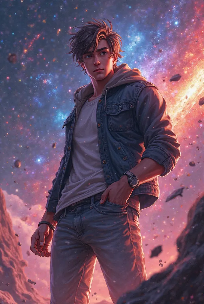 male character, anime, gamer,Galaxy background, confident stance, action to play, warm lighting effects,  deep space background ,  bright nebulae , Rocky planet, flashes of light, digital illustration art style, high quality digital painting, 4k, ultra det...