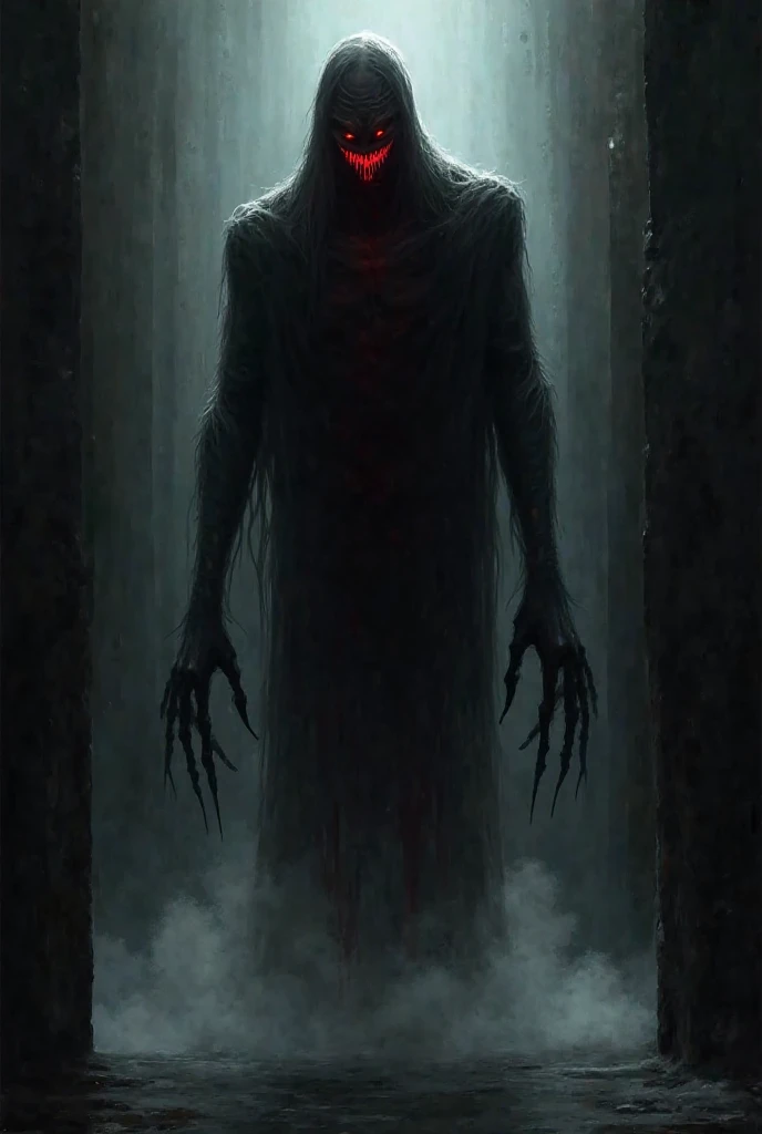 The Shadowy Entity Approaching – A tall, black figure with glowing red eyes and elongated fingers emerging from the darkness. Its mouth is twisted into a sinister grin, and mist swirls around its feet as it reaches toward its next victim.