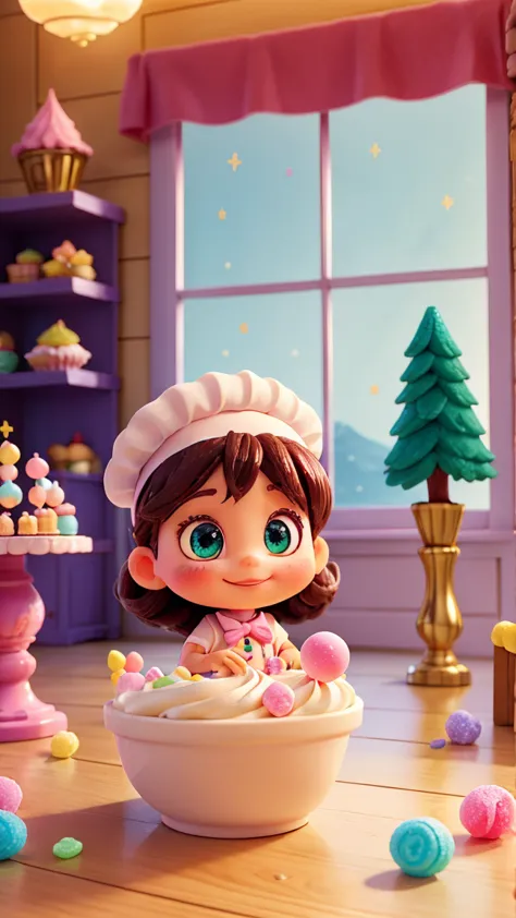 A super cute and highly detailed toy pastry chef creating a magical candy house in a whimsical, storybook-like setting. The tiny patissier, designed like an adorable chibi-style figurine, wears a miniature chef’s hat, a pastel-colored apron, and tiny bakin...