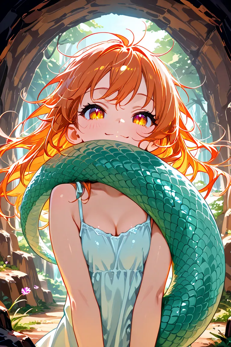 1girl, solo, loli, Dragon girl,
, long hair, messy hair , cleavage, floating hair,

hugging own tail, 

happy, 

spring, day, in cave, 

front view, upper body, 

eye focus, 

best quality, highres icon, highly detailed,