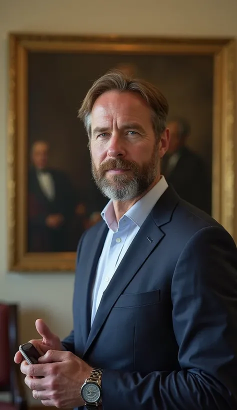 a middle-aged Caucasian man in his late 40s, brad garlinghouse, ripple ceo,  confidently standing in a private meeting room in the White House, Washington D.C., during a sunny afternoon. He is dressed in a sharp business suit, holding a smartphone in one h...