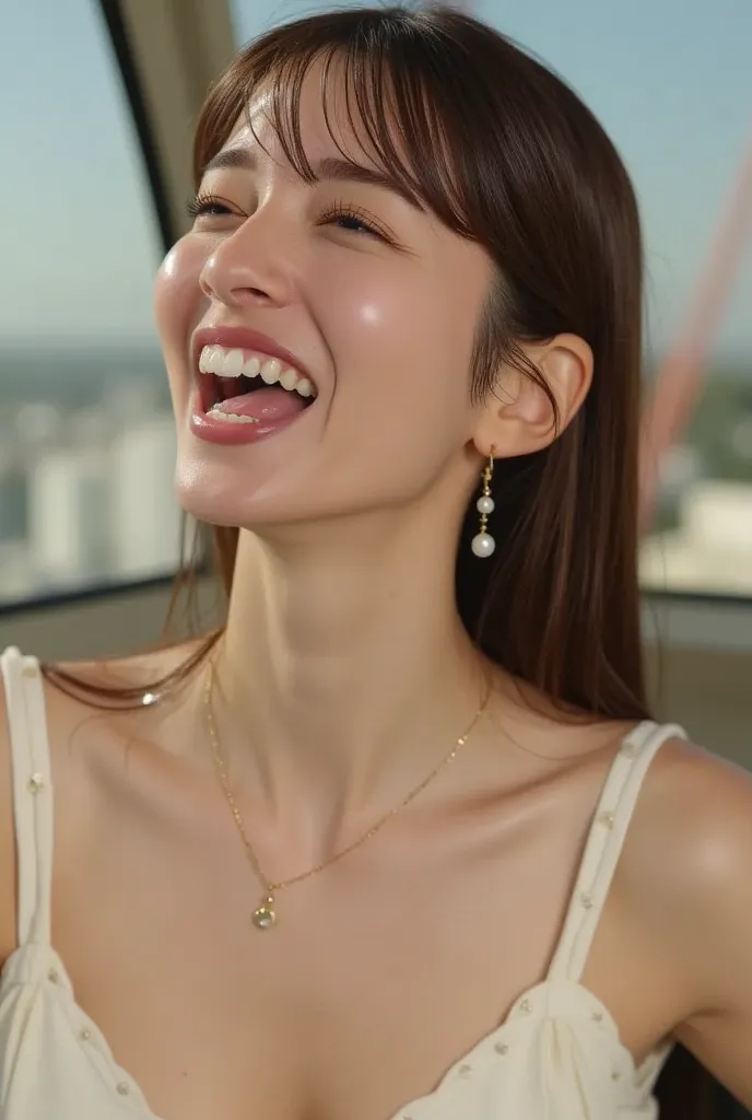    beautiful brown-haired woman closing her eyes and shouting ,  Ride the Ferris Wheel , Randomly express the face of a woman who sits on a chair in a Japanese glass-walled gondola,  Please sit in your jacket  , (( scream Raising orgasm)) ,  close-up with ...