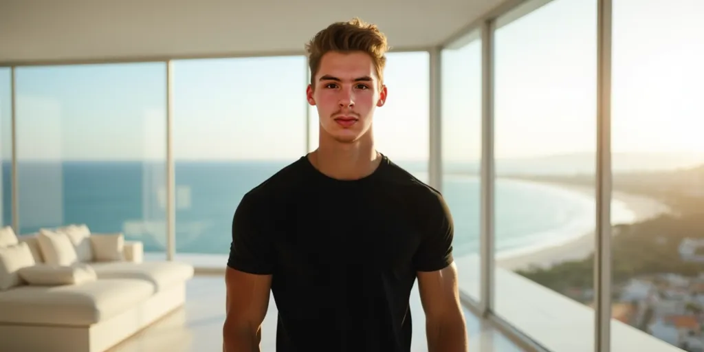 Young man in excellent physical shape,  with the body of a model , wearing a tight black plain t-shirt. He is in a luxurious futuristic penthouse, with minimalist design in white tones, large glass windows and modern furniture. In the background, an impres...