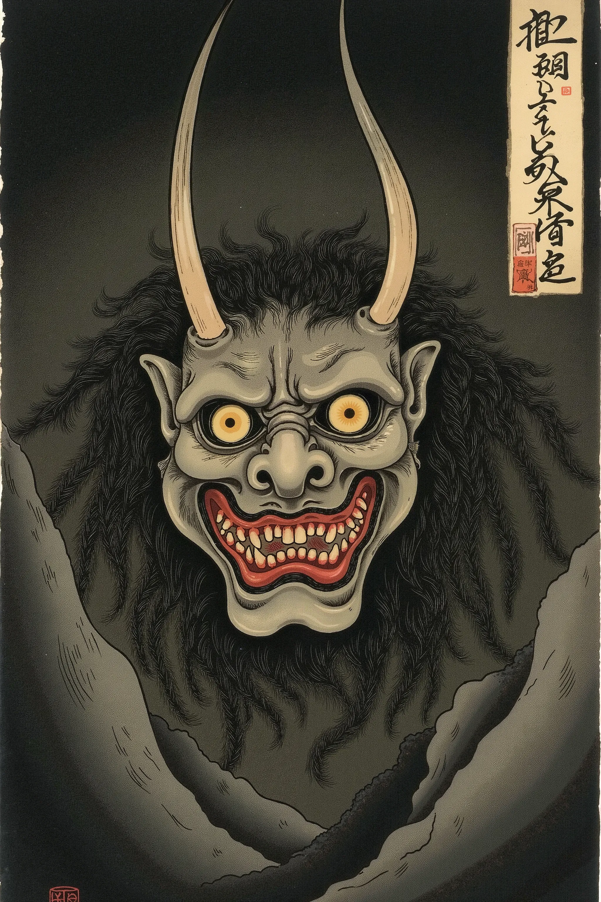 face,oni,hannya,little twin horned,long hair,dark background,scary ukiyo-e