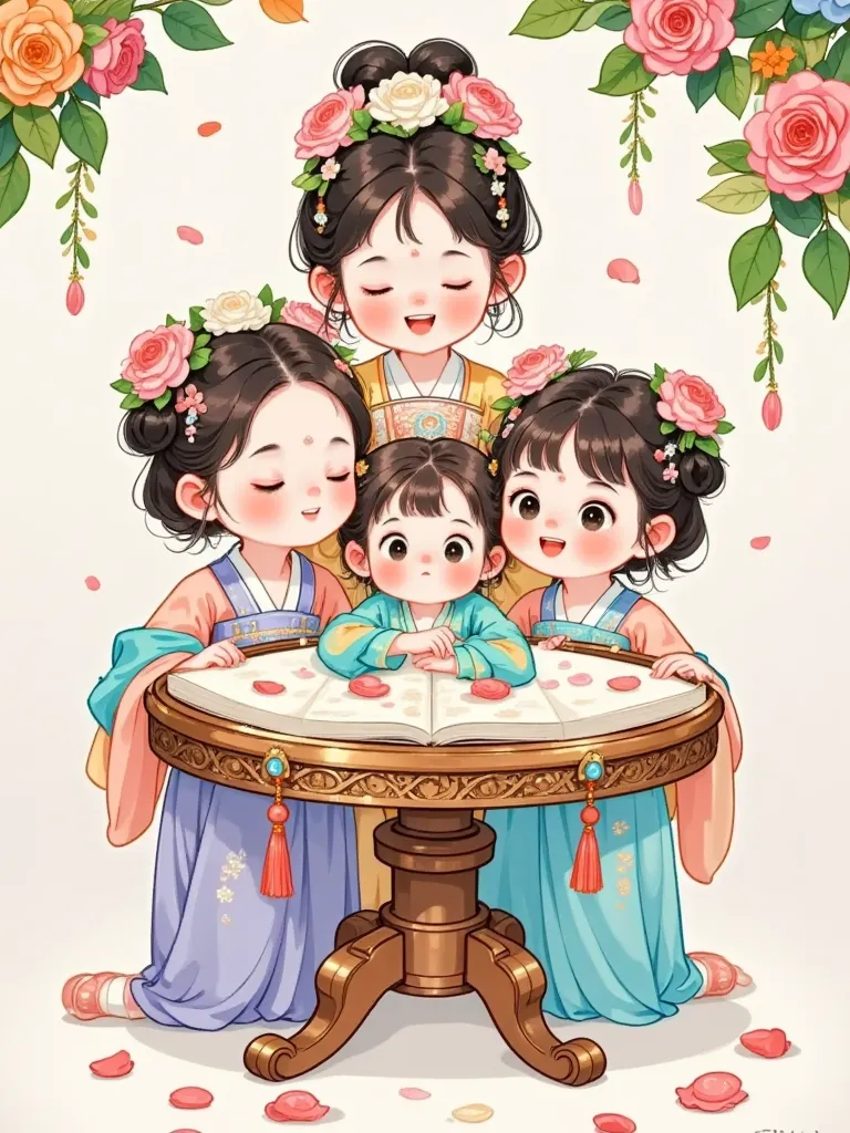    Four cute girls    ，[ [ [Fragrant roses surrounded by a large round table