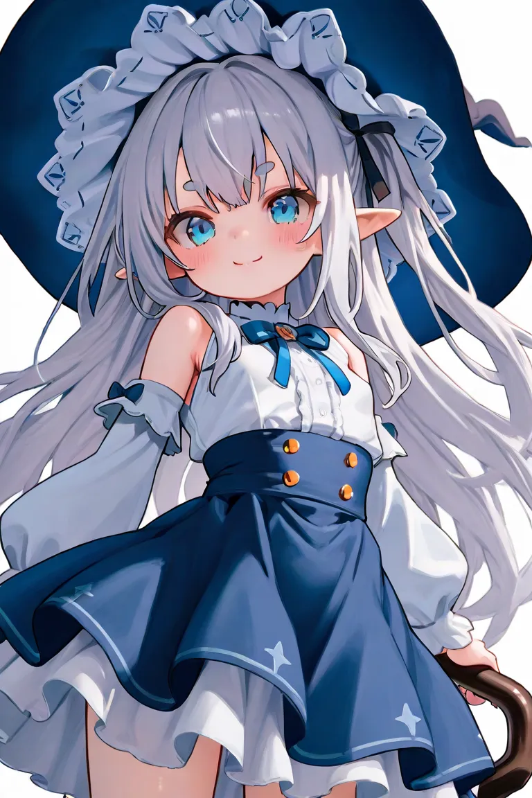  girls on the left、cute、 magic 使い、I have a big cane、Confident、is young、short、 Witch、I'm wearing a big pointy hat、 hair is long、 Silver Hair、 blue eyes、I'm wearing white and blue clothes、skirt、Round eyebrows、 magic 、Elf