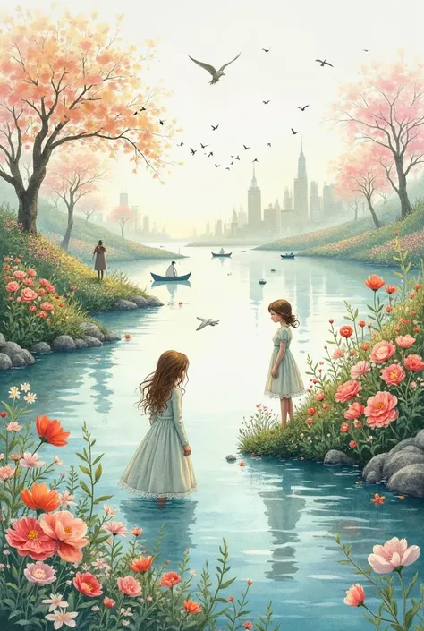  Watercolor painting , flowers, tenderness, People, water, boats,  city ,fantasy ,birds, Air 