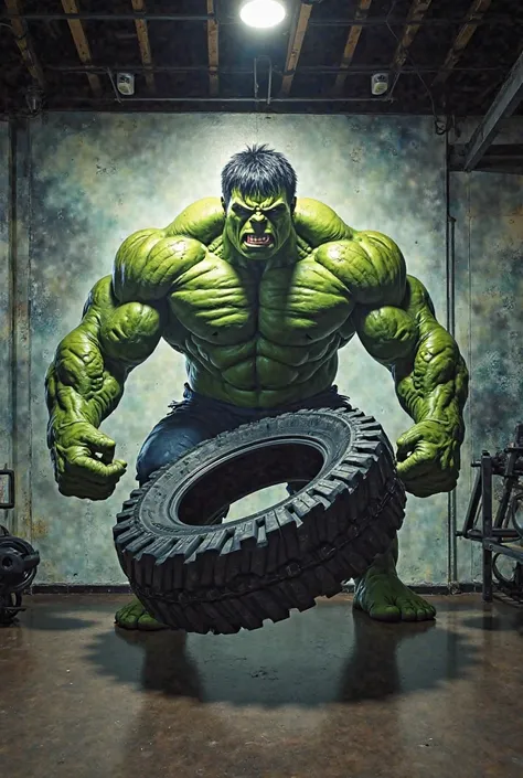 The image appears to be a mural in a gym. It depicts a green hulk flipping a large tire, a common exercise in strength training