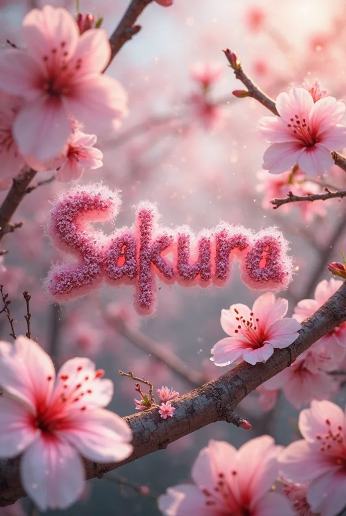 Wite sakura word in artistic flower front