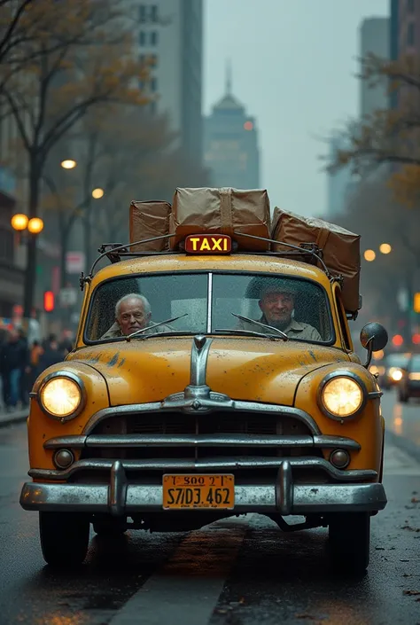 The old car working multiple jobs to earn money—seen as a taxi during the day, a delivery vehicle in the evening, and a rideshare at night. It looks exhausted but determined, driving through different cityscapes, carrying passengers, food, and even large p...