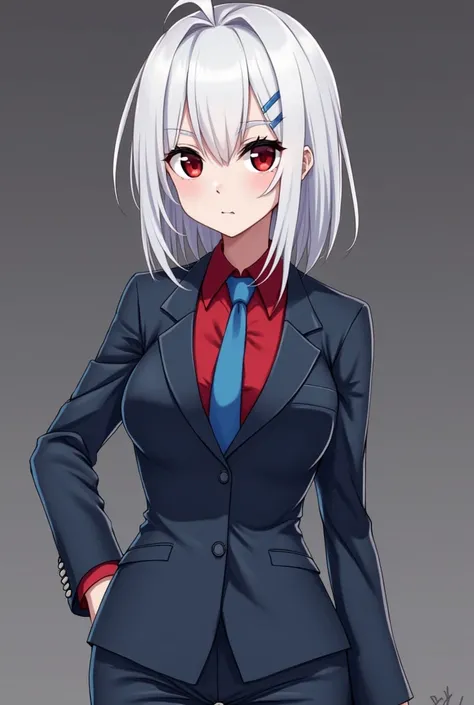 An image of Luci is a woman with pale skin, white hair with red eyes, black pupils with a woft cut that reaches up to her shoulders and dressed in a suit with blue tie and pants, grated equally blue down and a red shirt, anime version 
