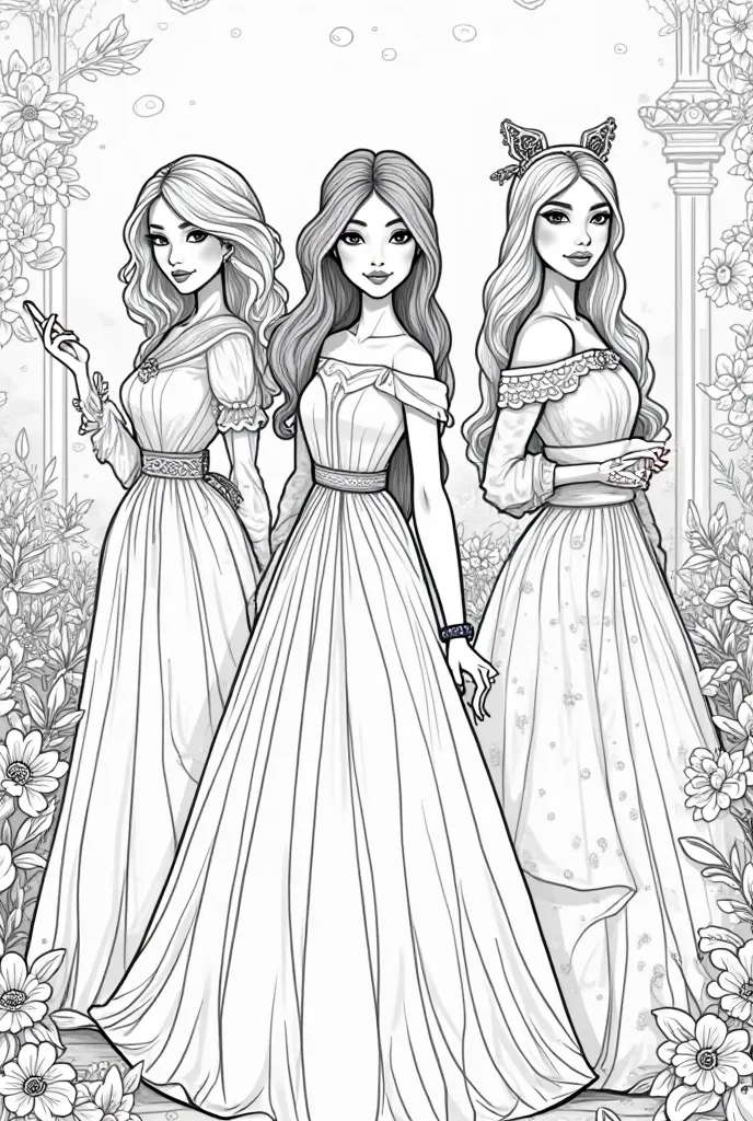 Une illustration en noir et blanc a colorier de princesses avec des habits modernes