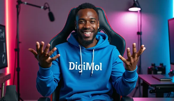 Un Africain assis avec confiance sur une chaise de jeu moderne dans son studio YouTube. Il porte un sweat à capuche bleue vif avec l'inscription DigiMOL imprimée dessus. Son visage est bien visible et expressif. Il fait des gestes dynamiques avec ses mains...