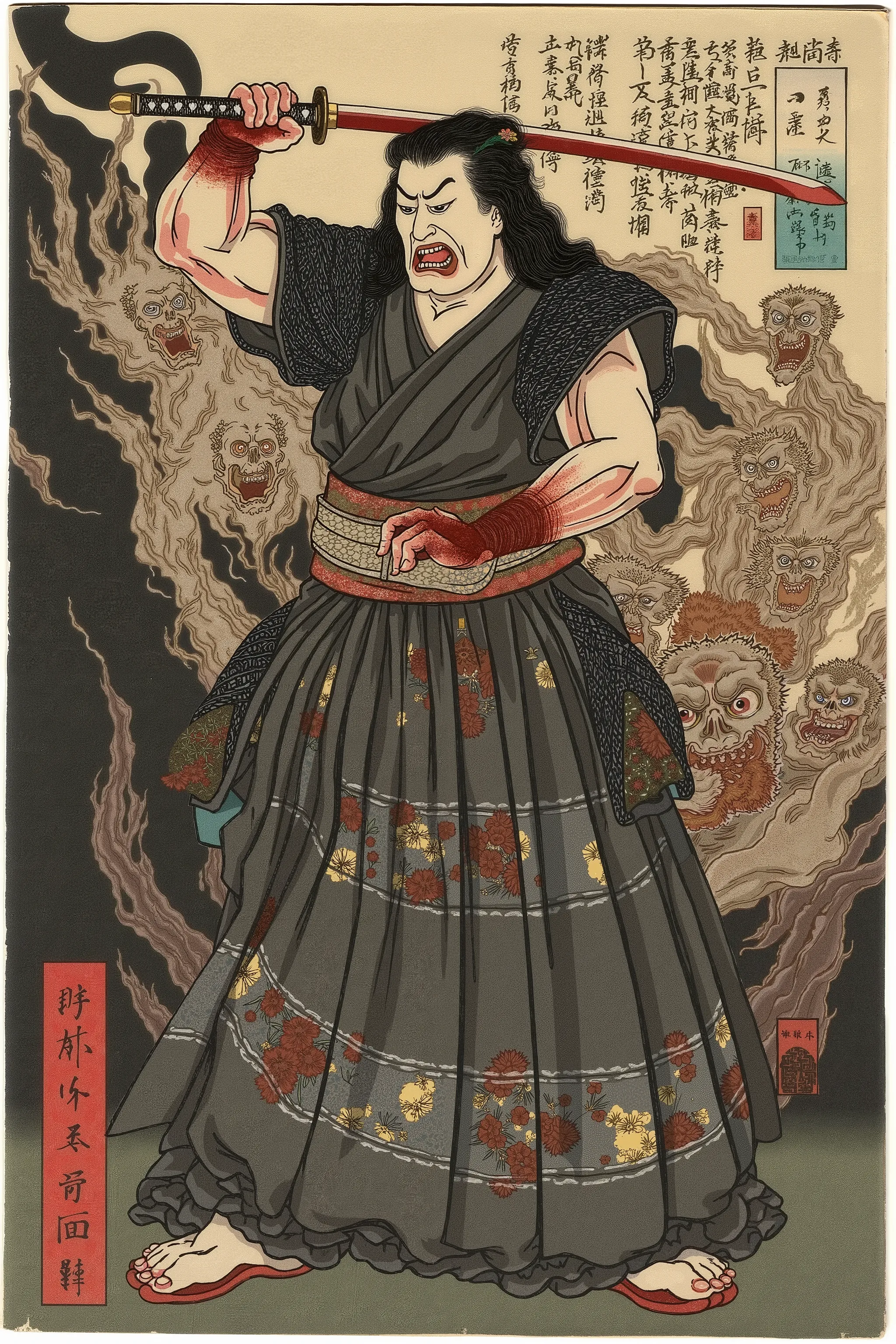 bloody,samurai,katana,scary ukiyo-e