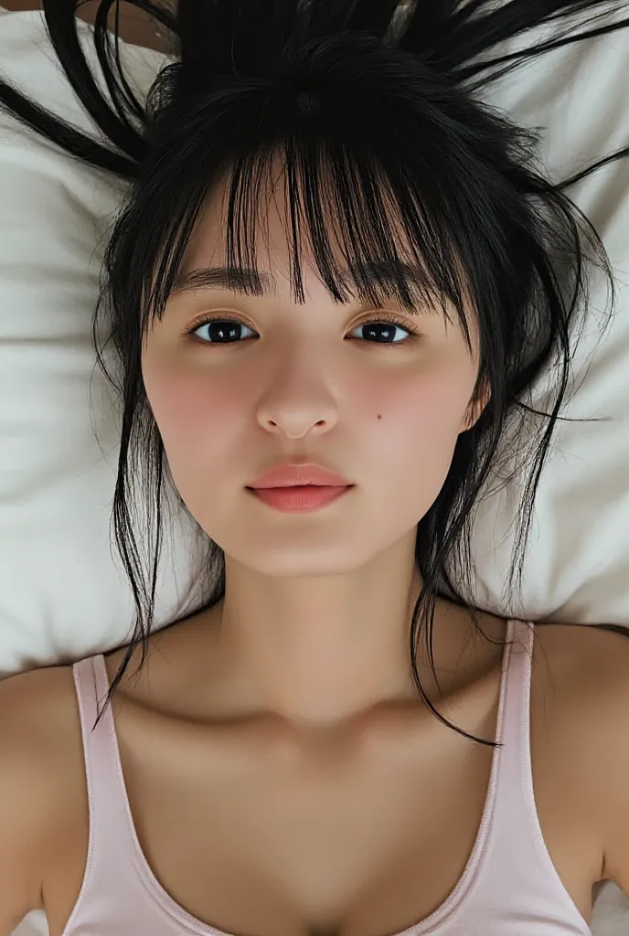 a very beautiful girl lying behind the bed、Out of breath , Deeply closed eyes, (with your mouth wide open and scream:0.8), Lies Behind the Bed,   all over the body,   nudes,   bare chest, medium chest, exhaustiveな授乳ヘッド,  exhaustive, alone, long black hair,...