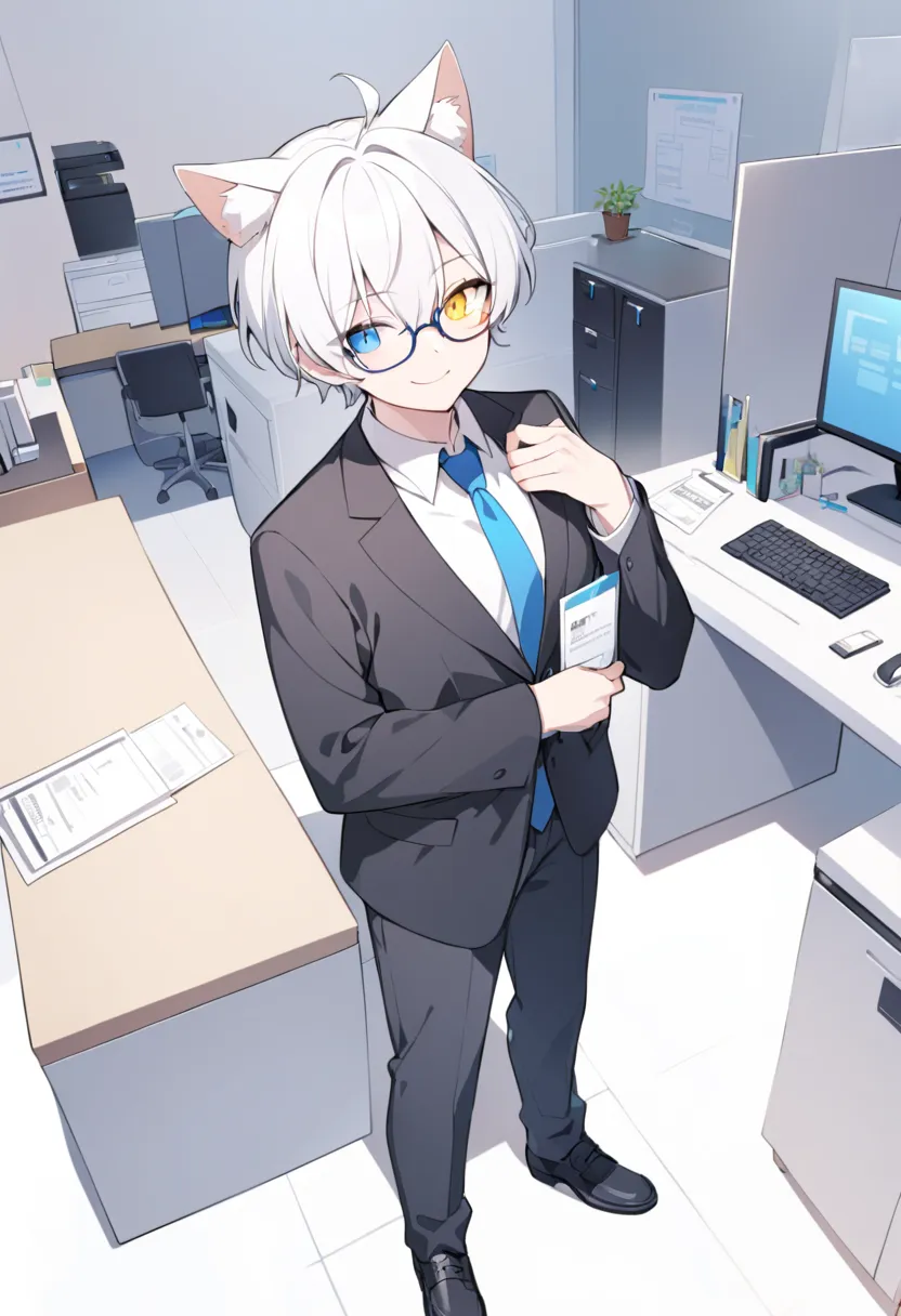 White hair ， short hair， White Top，boy，tall body，Heterochromia（Left blue right yellow），Cat ears，black pants， black shoes ， stands，In the office，Smile， is wearing glasses， blue tie，alone， BLACK JACKET ，Black jacket with work permit