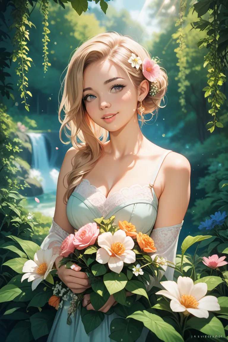 A single blooming flower in a spring setting, surrounded by soft sunlight and gentle greenery. The background is slightly blurred to create a natural bokeh effect. The flower is vibrant and fresh, with delicate petals and a vivid color. The atmosphere is w...