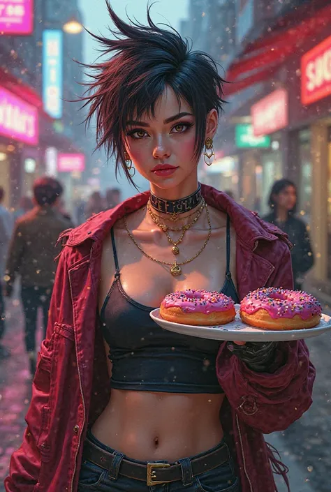 Make a girl with super short hair, With breasts and selling mini donuts 