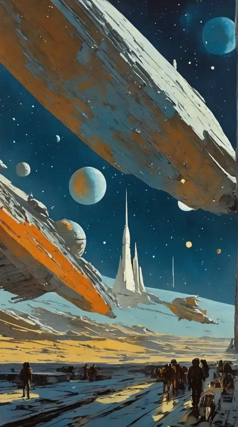 Moebius (Jean Giraud) Style - A picture by Jean Giraud Moebius, Spaceship taking off towards deep sky, Impressive retro-future Spaceship, galaxy, Distant nebulas in the background. In Moebius' signature style with sharp detailing and vibrant colors. Shot w...