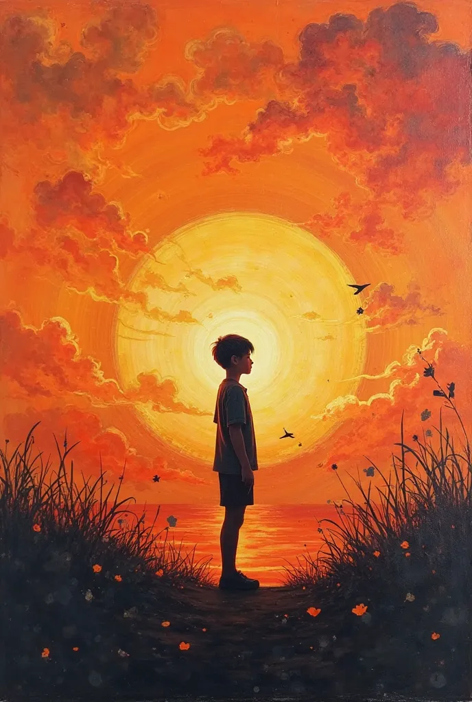 A painting simple but impactful on theme human pulse in ai world easy to paint a boy in between looking at sunset and the world around him even nature is ai romobitic machine easy to draw very easy and obvious to the tgeme