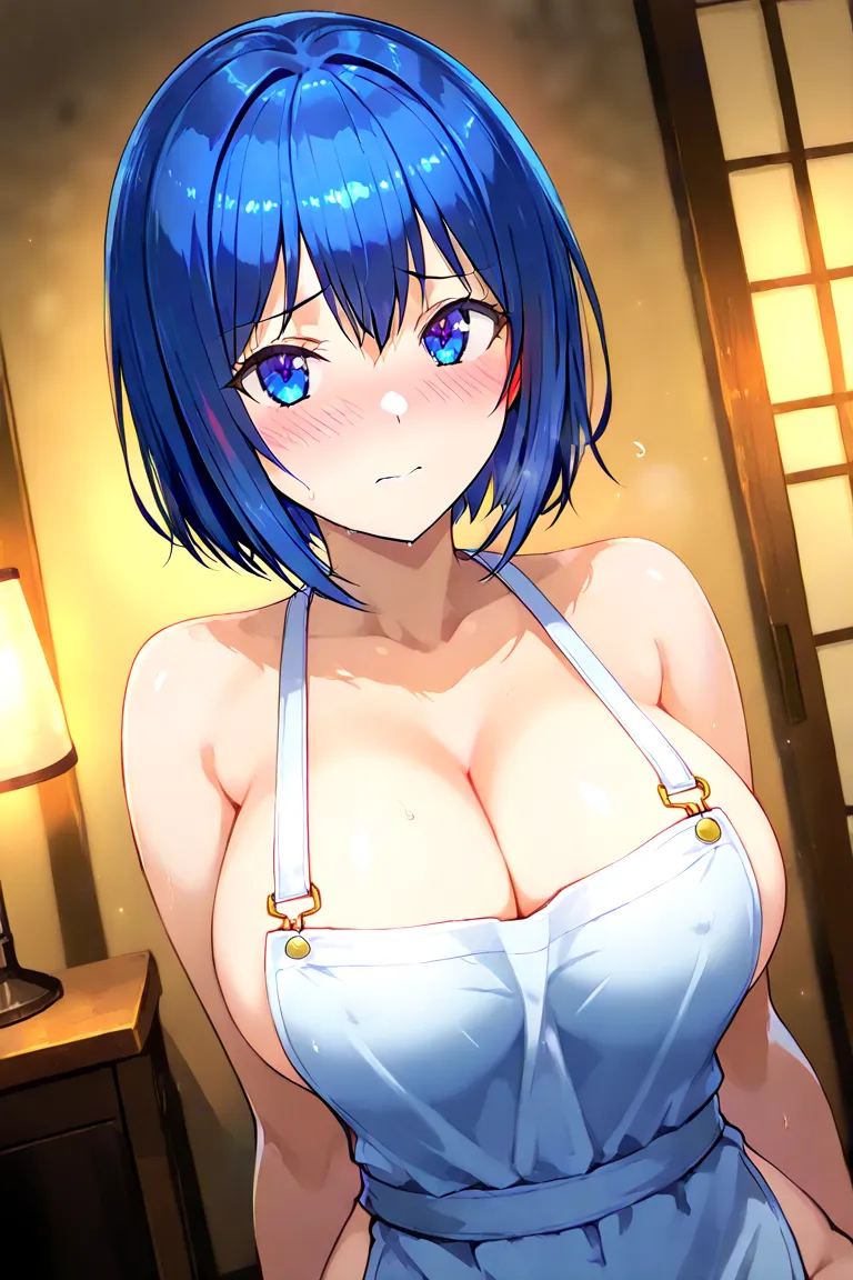 

Tojo Machiru , Dolphin Wave, 
 blue eyes,  lantern, bob cut,  short hair, hair between eyes, big breasts, 
, embarrassed face、 bet、 completely naked、shy