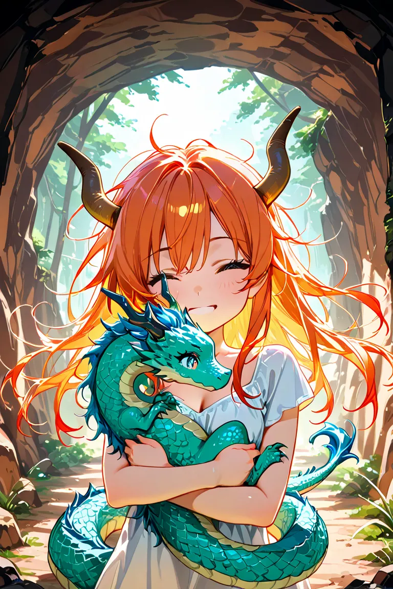 1girl, solo, loli, Dragon girl, 
, long hair, messy hair , cleavage, floating hair,
dragon horns, 

hugging own Dragon tail, 

happy, 

spring, day, in cave, 

front view, upper body, 

eye focus, 

best quality, highres icon, highly detailed,