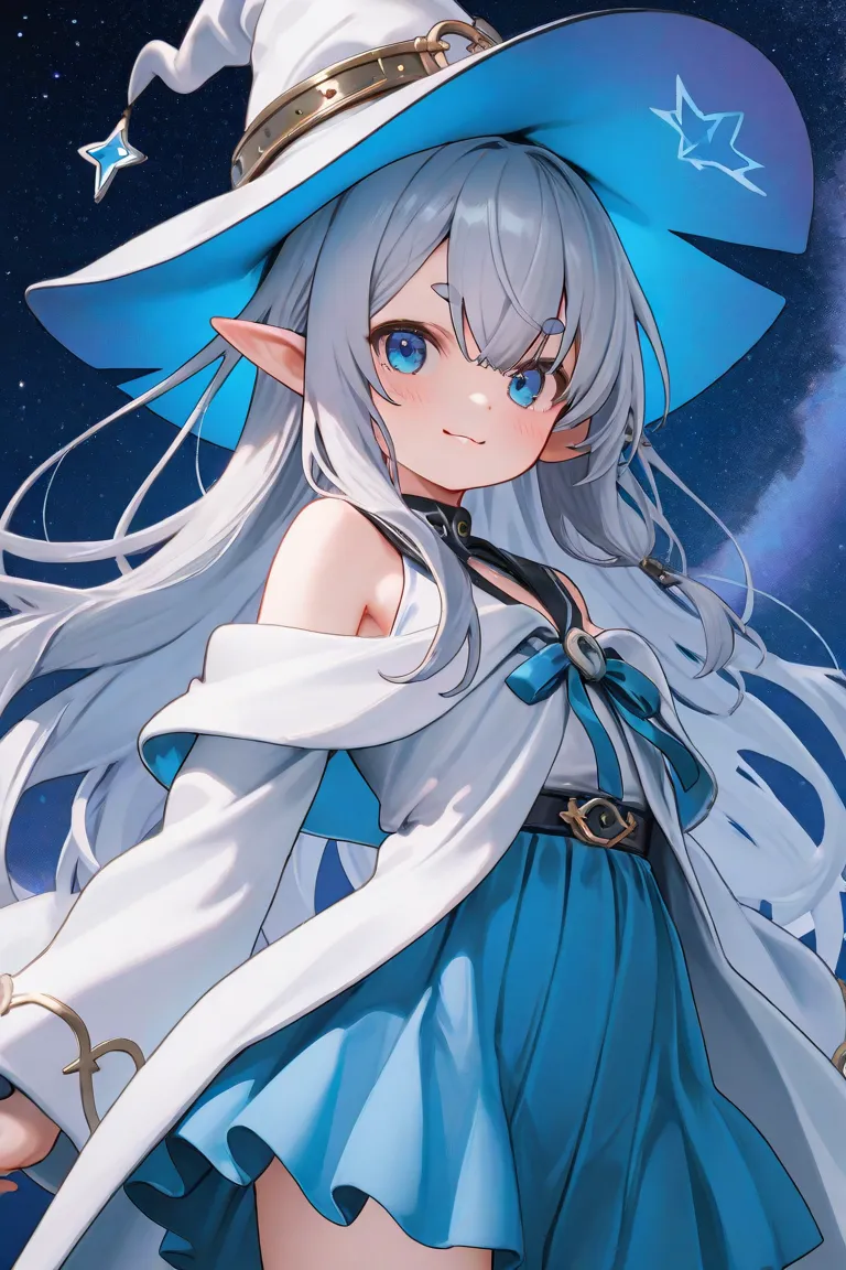  girls on the left、cute、 magic 使い、大きな magic 使いの杖を持ってる、Confident、is young、short、 Witch、I'm wearing a big pointy hat、 hair is long、 Silver Hair、 blue eyes、I'm wearing white and blue clothes、skirt、Round eyebrows、 magic 、Elf、 Otherworld、水 magic 、starry sky、Mys...