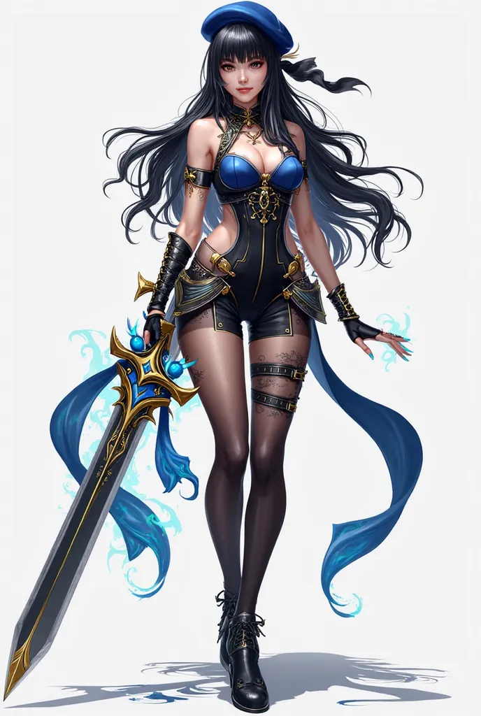 The character is a semi realistic woman with a striking and elegant yet battle-ready appearance. She has long, flowing black hair with soft waves, adorned with a stylish blue beret and a large black ribbon. Her deep amber eyes hold a calm yet determined ex...