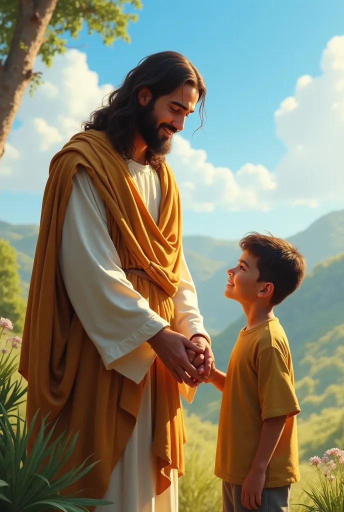 Jesus Christ holding Palestine boy hand and both are happy