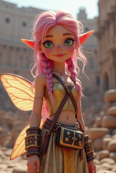 Create a 2 1/2 foot tall female fairy princess with medium length pink hair in messy pigtail braids and colorful iridescent eyes. She has belt bags and a crossbody bag with lots of full pockets. she has elf like ears and wings. Place her in a coliseum sett...