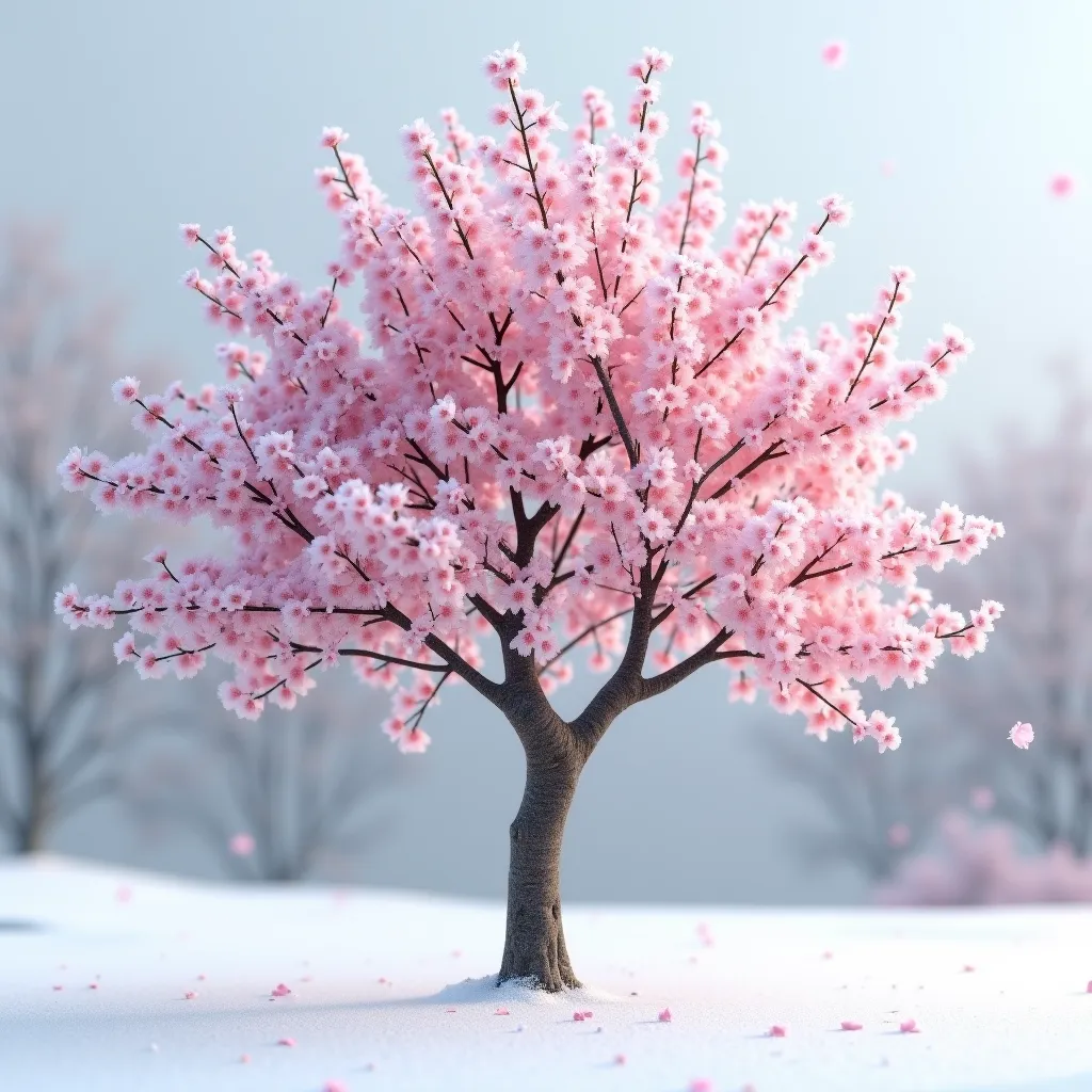 (8k, Photorealistic, Original photo, best image quality: 1.4),Plum Tree,Flowers blooming for 3 minutes,A flower covered with snow,Snow that hasn't completely melted on the ground