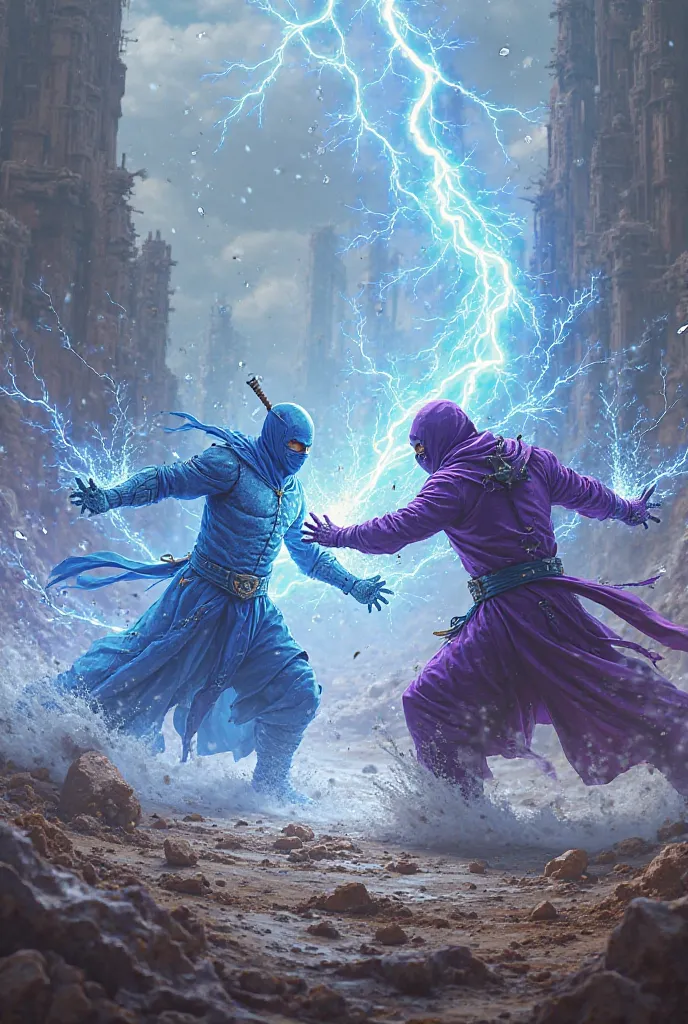 Purple ninja with water and lightning powers, fighting against blue ninja with ice powers,  mortal kombat 