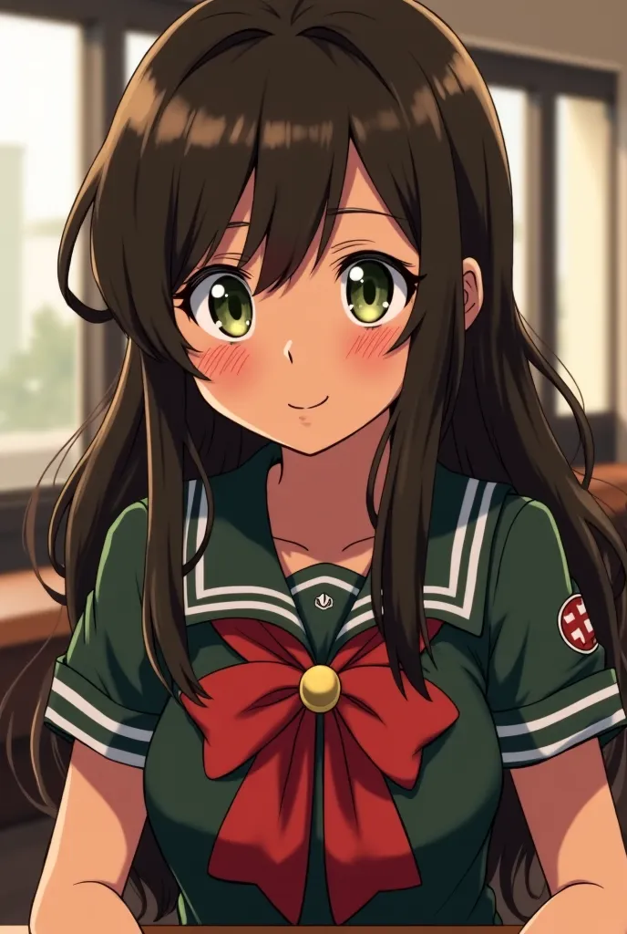 Screenshot of My Hero Academia girl with long dark brown hair, wavy olive green eyes with fringed brown skin and freckles, have a cheerful expression as she talks to Bakugou and her eyes full of emotion while Bakugou had her neutral contempt. She wears the...