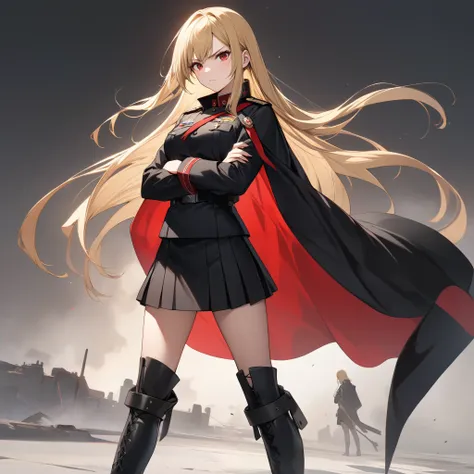 High resolution, high quality, HD, beautiful female, 1 female, beautiful, ager, serious, medium breasts, long straight hair, blonde hair, scarlet red eyes, black military uniform, black cape, short skirt, cross arms, black boots