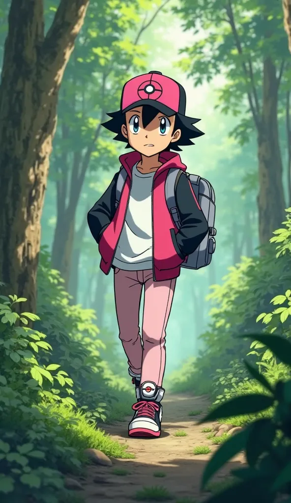 Satoshi (Ash Ketchum), dressed in a dark pink jacket with black sleeves and white trim, a white T-shirt, light pink jeans, and high-top white-and-black sneakers with pink laces, walks through a lush green forest. His black-and-pink cap with a Poké Ball log...