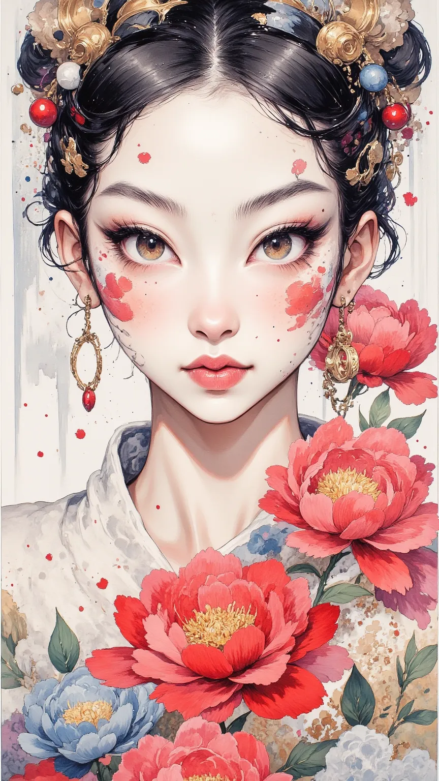 (
High Quality Production), grace的女士穿著紅色旗袍, Exquisite Embroidery,  charming face , Traditional Chinese Girl, Red peony, Lovely Delicate Cheek, Fine Eyebrows, Elegant Locust, skilled, (Hairpin), Smooth, Fashion, wool cuffs, National painting, watercolor pai...